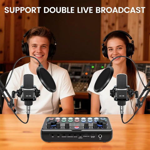 Upgraded Dual Mic Podcast Kit Bundle With Denoise And 10 Built In Effects Plus 4 Custom Sound Pads Bluetooth Wireless Music