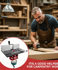 Heavy Duty Router Lift With Reinforced Top Plate Aluminum Alloy And Steel Manual Raise System, shown in woodshop with carpenter.