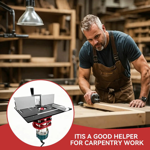 Heavy Duty Router Lift With Reinforced Top Plate Aluminum Alloy And Steel Manual Raise System, shown in woodshop with carpenter.