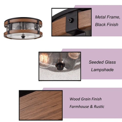 Industrial Farmhouse Two Light Drum Ceiling Fixture With Seeded Glass Shades In Black And Rustic Wood Grain Finish details