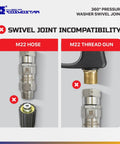 Stainless Steel 3/8 Inch NPT-M 360 Degree Pressure Washer Swivel Built To Last Leakproof High Flow Design For Up To 4000 PSI Keeps Hoses Flexible And Twist Free Not For M22 Threads Ideal For Tough Jobs, shown with M22 incompatibility