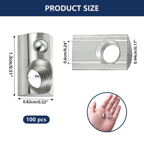 Tough As Nails M6 T Slot Nuts Spring Loaded Roll In Design For 2020 Aluminum Extrusion dimensions and hand holding sample, 100 pcs.