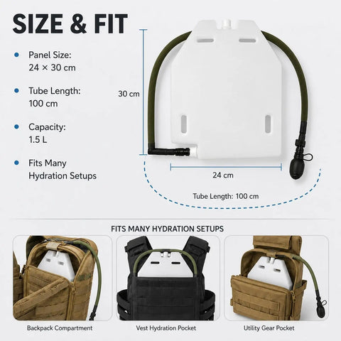 50oz Hydration Bladder Water Reservoir For Outdoors with modular webbing, dimensions 24x30 cm, tube length 100 cm, capacity 1.5L