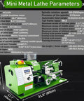 Precision Metal Lathe Benchtop Mini Machine With Electronic Gear Change And Digital Readout 8.27 X 15.75 Inch Swing 50 To 2500Rpm Speed Range 0.005mm Accuracy features labeled specifications and details.