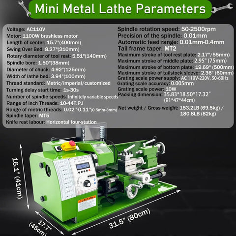 Precision Metal Lathe Benchtop Mini Machine With Electronic Gear Change And Digital Readout 8.27 X 15.75 Inch Swing 50 To 2500Rpm Speed Range 0.005mm Accuracy features labeled specifications and details.