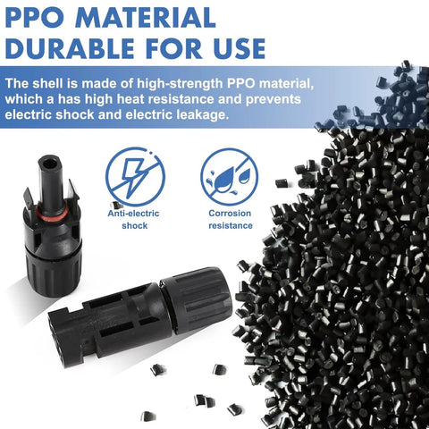 16 Piece Solar Panel Connector Kit demonstrating sturdy PPO material with anti-electric shock and corrosion resistance features.