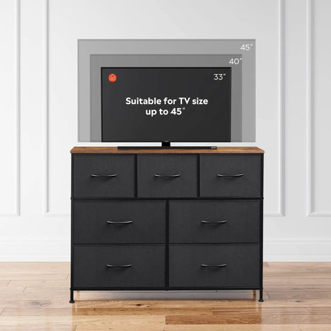 7 Drawer Dresser And TV Stand Media Console With Metal Frame And Wood Top For TVs Up To 45 Inches in black and rustic brown
