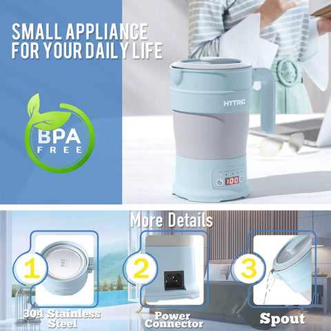Travel Electric Kettle 700ML Foldable BPA Free Portable Kettle With Keep Warm And Delay Start 110V Blue, showcasing features.