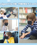 Kids wearing Kids KN95 Face Mask 25 Pack 5 Layer Breathable Mask With Adjustable Ear Loops And Silicone Cord Buckles Black Snug Fit
