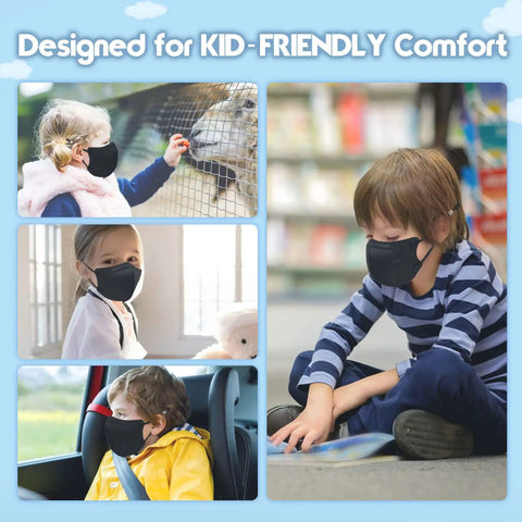 Kids wearing Kids KN95 Face Mask 25 Pack 5 Layer Breathable Mask With Adjustable Ear Loops And Silicone Cord Buckles Black Snug Fit