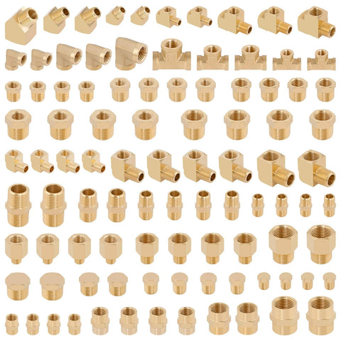 Brass pipe fittings kit, 96-piece, includes NPT adapters, elbows, tees, and couplings