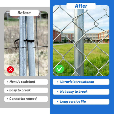 11 Gauge Chain Link Fence Ties, 8.27 Inches, Black, 30 Packs, before and after installation comparison, heavy duty aluminum fencing hardware