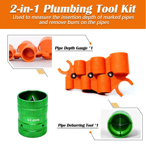 2-in-1 plumbing tool kit featuring all in one pipe deburring and depth gauge kit for home or pro jobs one quarter to one inch depth measurement inner and outer reamer chamfer tool DIY friendly for copper PVC CPVC PPR brass aluminum tubing durable ergonomic grip breezy burr removal