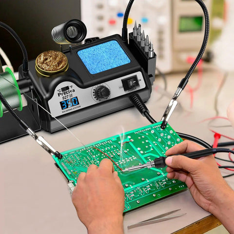 Pro Grade 130W Digital Soldering Station Kit With 5 Extra Tips in use on PCB, showing lead-free solder and helping hands.