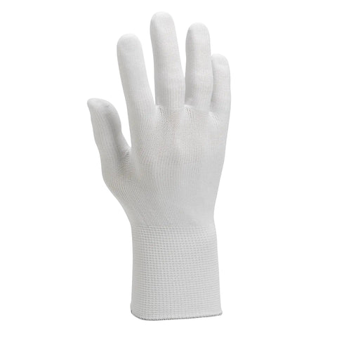 Pro Grade Inspection Gloves For Precision Work Ambidextrous White Nylon Knit Seamless Gloves Size Large 9.0 Not Made With Silicone Low Lint High Dexterity For Inspections 120 Pairs Per Case 10 Bags Of 12 Pairs, single glove on display