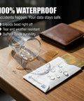 RFID Blocking Credit Card Sleeves For Wallet And Purse shown with spilled liquid, highlighting waterproof DuPont Tyvek material.