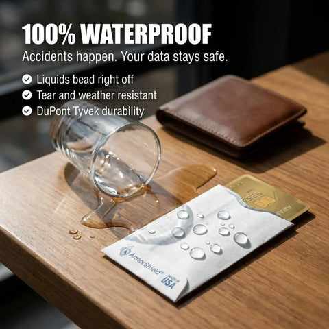 RFID Blocking Credit Card Sleeves For Wallet And Purse shown with spilled liquid, highlighting waterproof DuPont Tyvek material.