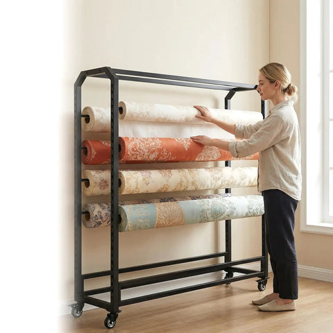 Heavy Duty Rock Solid Fabric Roll Storage Rack With Adjustable Hanging Rod For Hassle Free Mobile Sample Organizer Of Vinyl Leather And Wallpaper Displays in use with various wallpaper rolls.