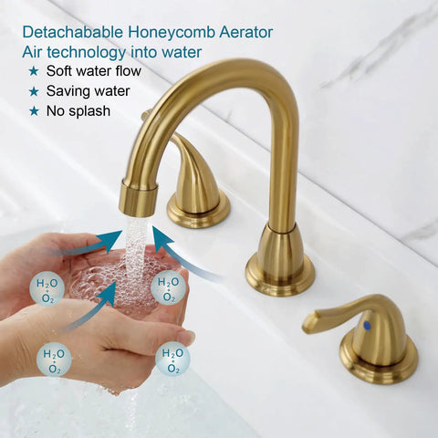 Brushed gold faucet with hands showing soft water flow, detachable aerator, and non-splash feature in use.