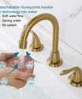 Brushed gold faucet with detachable aerator, shown with no splash water flow into hands, focusing on handle and aerator detail.