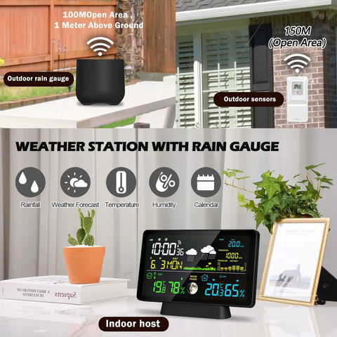 Smart Wireless Rain Gauge and Weather Station with Outdoor Thermometer Hygrometer Atomic Clock Forecast and Barometer Self Emptying Rain Gauge for Accurate Rain Tracking and Home Weather Monitoring.