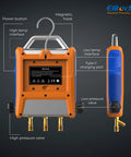 EMG-20V 2-Valve HVAC Manifold With 5 Inch Touchscreen, Bluetooth App Enabled Pro Grade Digital Gauge Kit For Real Time Pressure Temperature And Vacuum Readouts, Graphical Data, Export, And On The Fly Analysis. orange HVAC manifold with magnetic hook and Type-C port