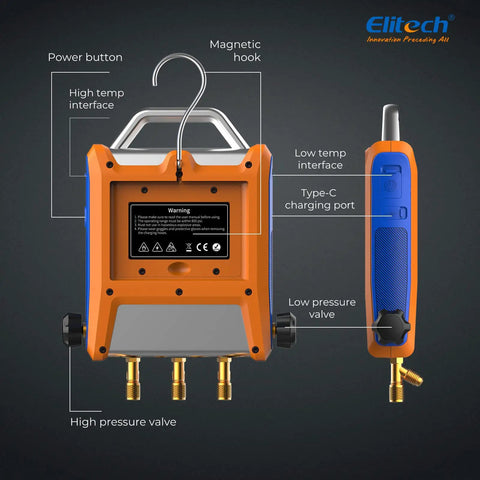 EMG-20V 2-Valve HVAC Manifold With 5 Inch Touchscreen, Bluetooth App Enabled Pro Grade Digital Gauge Kit For Real Time Pressure Temperature And Vacuum Readouts, Graphical Data, Export, And On The Fly Analysis. orange HVAC manifold with magnetic hook and Type-C port