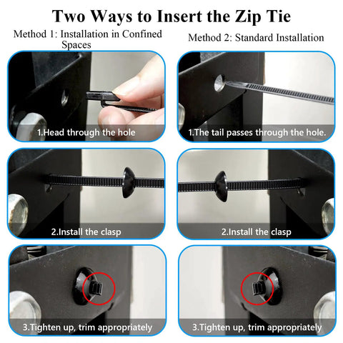 Upgraded Nylon Universal Cable Tie Buckle Self Locking Kit installation methods shown in six steps for heavy-duty use