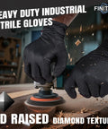 Heavy Duty Black Nitrile Disposable Gloves Bring Tough As Nails Defense With A Rock Solid Grip Pattern And 6.3 Mil Thick Shield To Dodge Razor Blades Or Slippery Grease Sold In Pack Of One Hundred Medium Sized Tools For Badass Industrial Use.