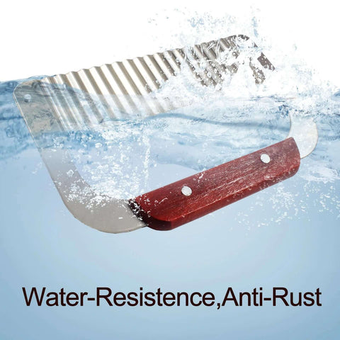Front view of Murtenze stainless steel crinkle cutter with red wooden handle; wavy blade for potatoes and vegetables