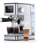 Premium 20 Bar Espresso Machine With Sleek Led Touchscreen Panel And Pid Digital Temp Control brewing espresso in dual cups.