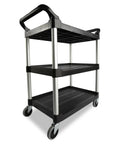 Heavy Duty Three Shelf Rolling Service Cart Built To Haul For Foodservice Restaurant Cleaning And Warehouse Or Garage Use 200 Lb Capacity Black Durable Rust Resistant Easy Maneuverable Ergonomic Handle three-shelf cart on casters