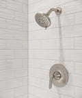 Weller Tub And Shower Valve Trim Kit With Single Handle Brushed Nickel Finish For OX8 Series on white tiled wall