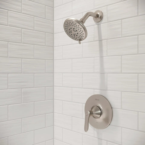 Weller Tub And Shower Valve Trim Kit With Single Handle Brushed Nickel Finish For OX8 Series on white tiled wall