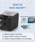 Plug And Play Desktop Identification Card Printer With Built In Camera And Full Color Ribbon Shoots Out Crisp Badges Instantly, showing data security features.