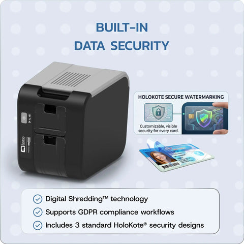 Plug And Play Desktop Identification Card Printer With Built In Camera And Full Color Ribbon Shoots Out Crisp Badges Instantly, showing data security features.
