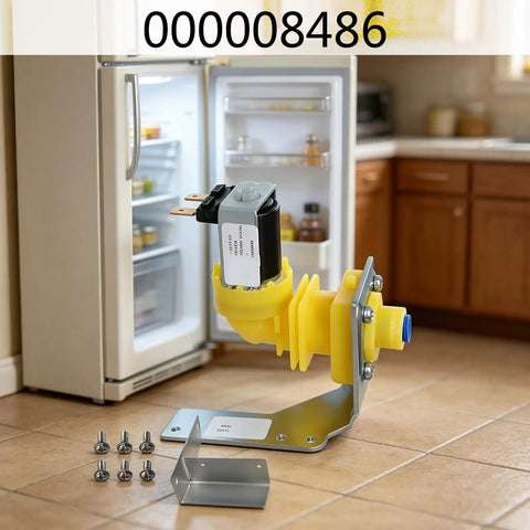 Ice Machine Water Inlet Assembly Replacement Part 000008486 With Solenoid Component And Hardware Kit For Maintenance Checks DIY Ready Durable Easy Install Replacement For Ice Makers And Ice Machines. Yellow plastic inlet assembly with solenoid and mounting bracket