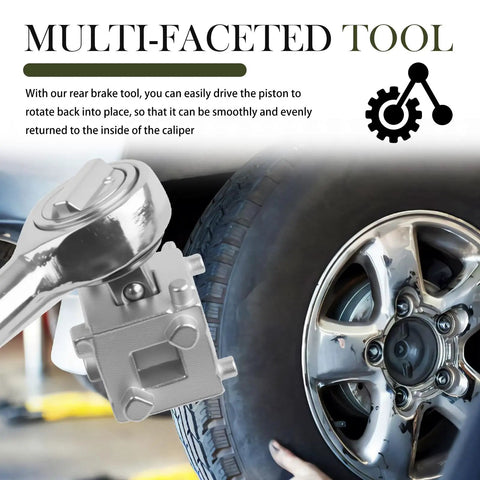 Rear Brake Caliper Piston Tool With Three Eighths Square Drive, Six Sides Caliper Compression Tool For Disc Brakes shown near a wheel