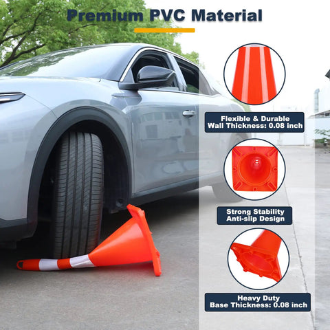Car driving over Upgraded 28 Inch Traffic Cones 6 Pack PVC Orange Construction Cones with Reflective Collar and Weighted Base