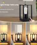 Two Bulb Farmhouse Bedside Lamp With USB Ports And AC Outlet, beige fabric shade, showing dual bulb control options.