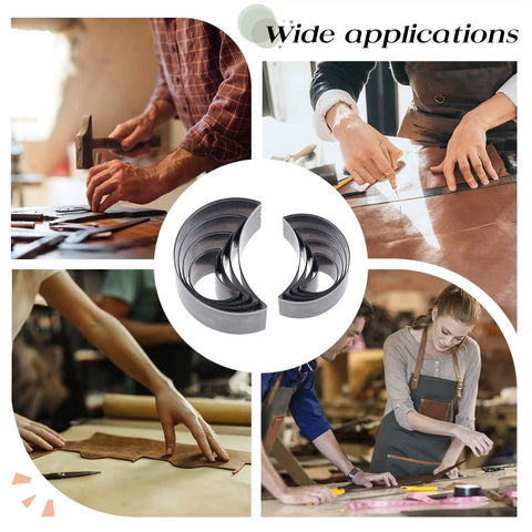 High Carbon Steel Leather Die Cutter Set for DIY handmade leather crafting with crescent moon dies shown in various crafting applications.