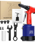 Heavy Duty Pneumatic Rivet Gun With 3097 LBF Pulling Power Air Riveter Kit With Four Nosepieces displayed with accessories