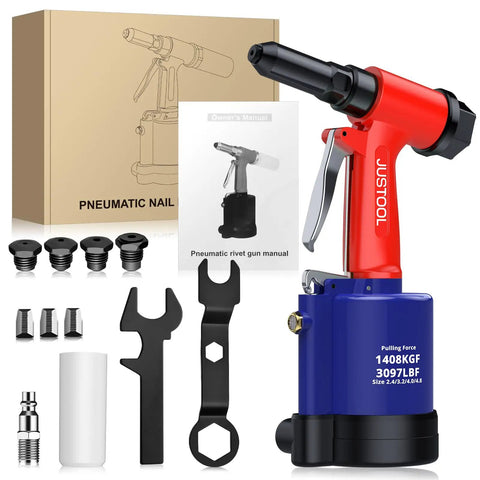 Heavy Duty Pneumatic Rivet Gun With 3097 LBF Pulling Power Air Riveter Kit With Four Nosepieces displayed with accessories