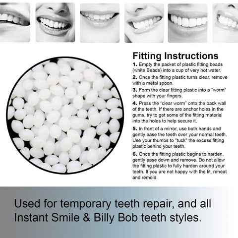 Replacement Thermal Adhesive Beads For Fake Teeth, Waterproof White Beads, 8 Pack Set with fitting instructions