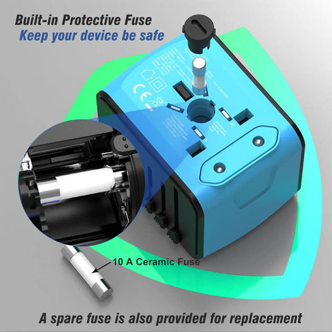 Worldwide Travel Adapter With 2.4 Amp USB Charging And 3 USB A Ports Plus USB C Fast Charge Universal Wall Charger With Fuse