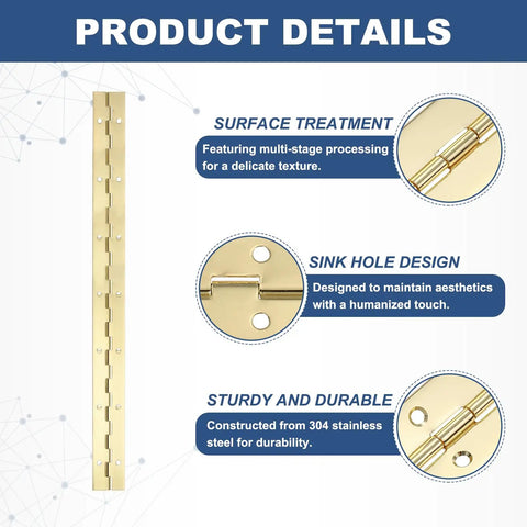 Pro Grade 304 Stainless Steel Piano Hinge 14 Inch Gold Continuous Hinge details highlighting sink hole and surface treatment.