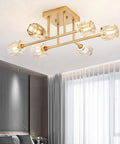 6 Light Brushed Gold Semi Flush Mount Ceiling Light Fixture, Modern Sputnik Chandelier with cube glass shades in room