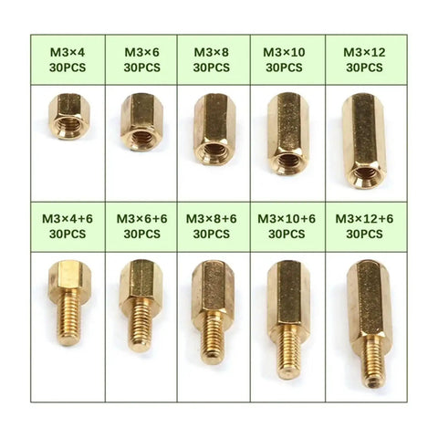Three Hundred Pcs M3 Hex Head Screws Set With Threaded Pillars Male And Female, brass standoffs in assorted M3 sizes