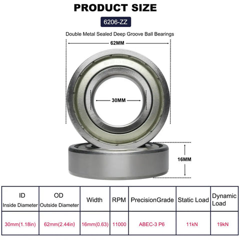 10 Pack 6206 ZZ Deep Groove Ball Bearings With Double Metal Seal Pre Lubricated, showing dimensions and specifications.