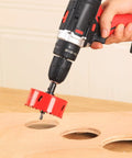 Drilling wood with Bi Metal Hole Saw Kit, 9 Piece Set With HSS Cutter, Arbor And Pilot Bit, Sizes From Three Quarters To Three Inches